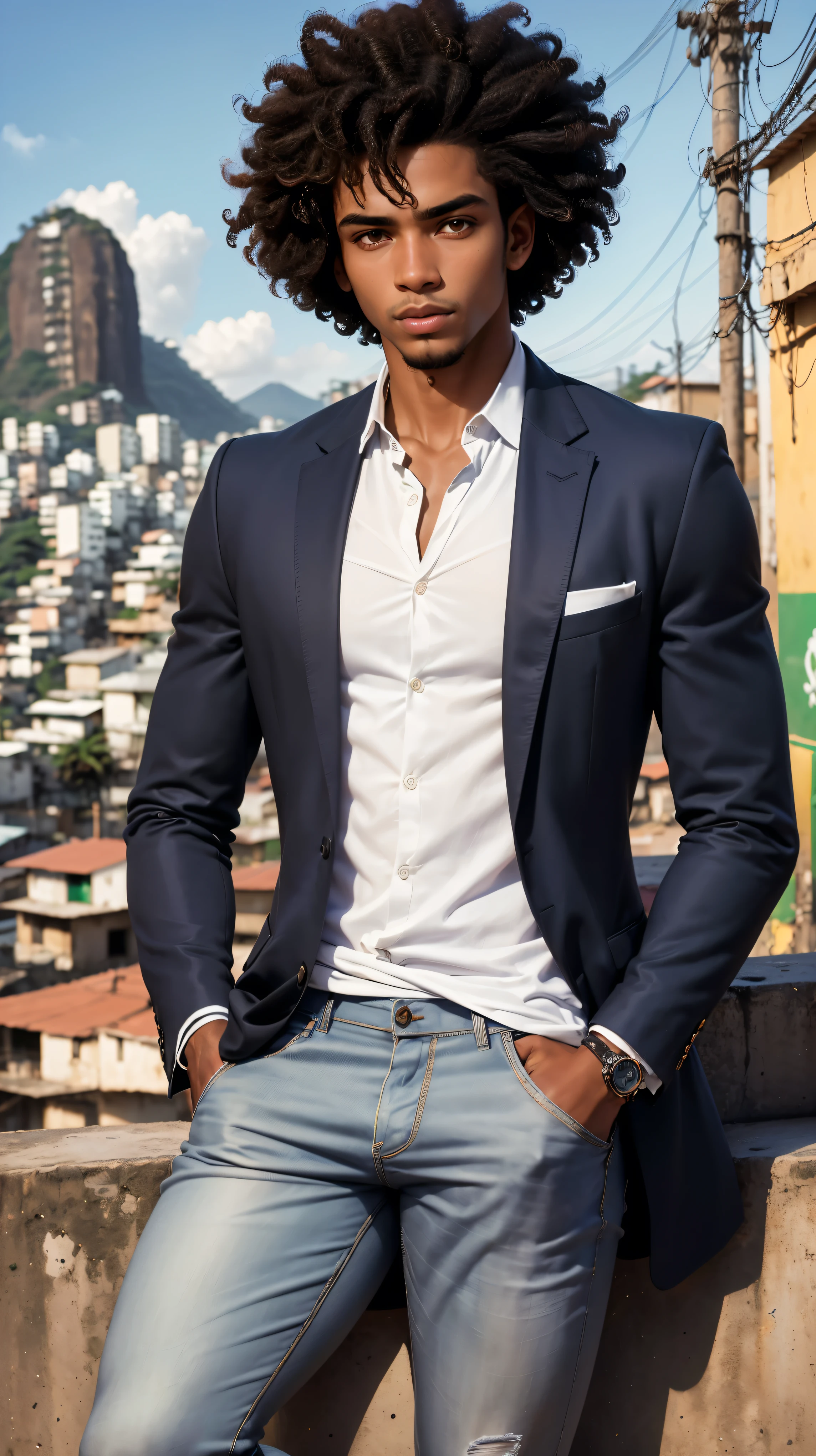 young 25-year-old Afro-Brazilian, ((( man))), lawyer, ((curly hair)), black skin, ((short hair)), with extremely perfect fingers, perfect hands, looking at the camera, sideways, wearing a gray blazer, white shirt, jeans, in a pose with hands in pockets, (((in the background favela hill in the city of Rio de Janeiro))), full body