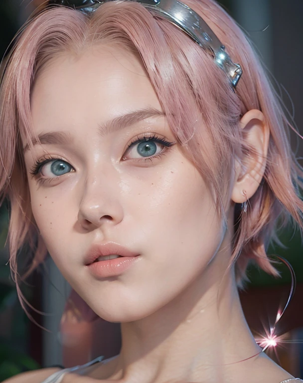 young woman, short shoulder-length pink hair, wide forehead, porcelain skin, pink eyebrows, big emerald green eyes, buttoned nose, full lips, heart-shaped face, slender body, small breasts, red tank top, Sakura Haruno , realistic, realism, details, 3d, well detailed