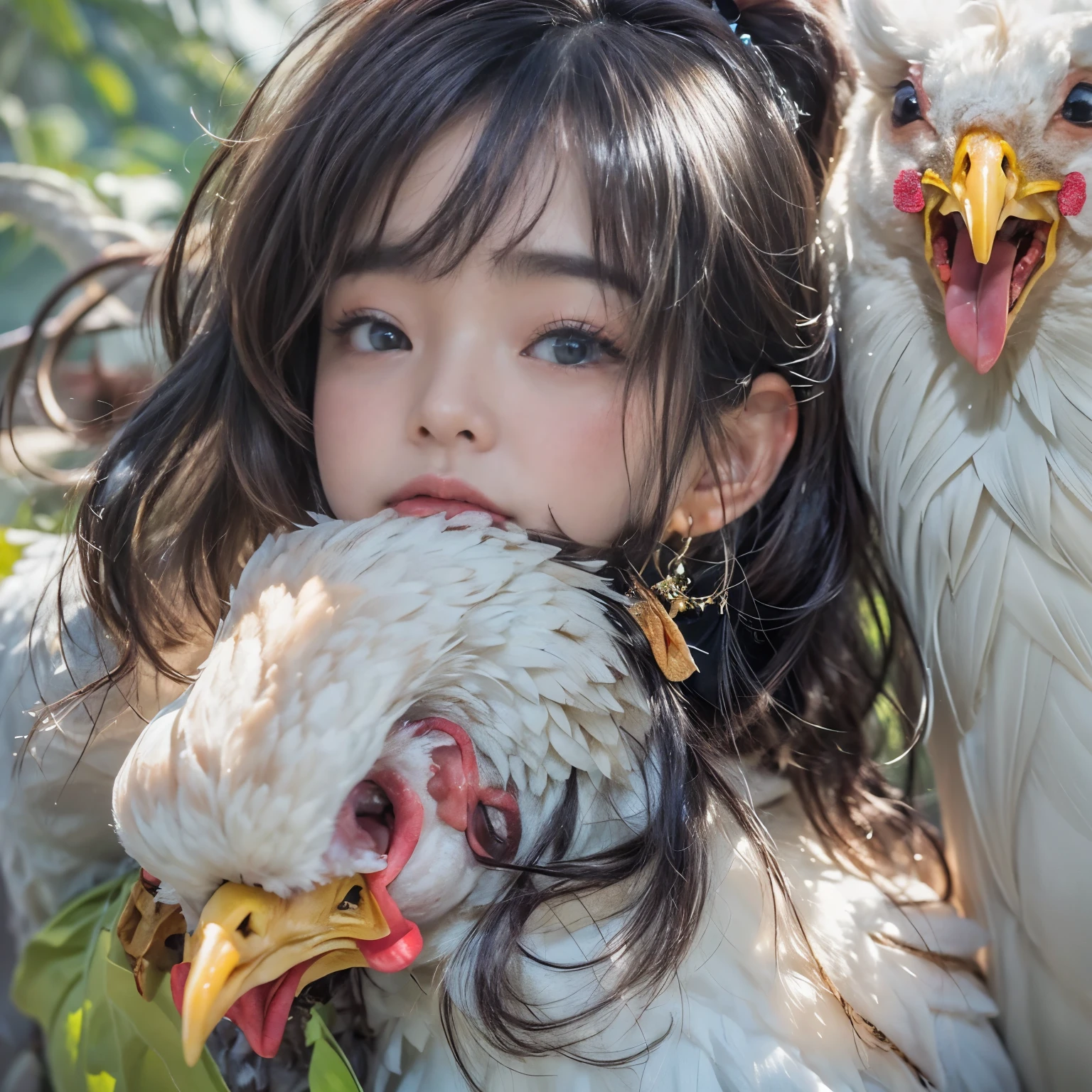(highest quality、Super detailed、Real:1.37)、(professional、Bright colors)、(Portrait)、((Human-faced chicken:1.5))、(Human-chicken hybrid creature)、(Apparition)、(The face of a young and extremely beautiful woman:1.4)、(Beautiful detailed eyes、Beautiful detailed lips、Highly detailed eyes and face)、(Dark Night Road、Dimly lit road)、(media: oil)、(Fine feather detail、Captivating colorysterious atmosphere)、(Studio Lighting)
