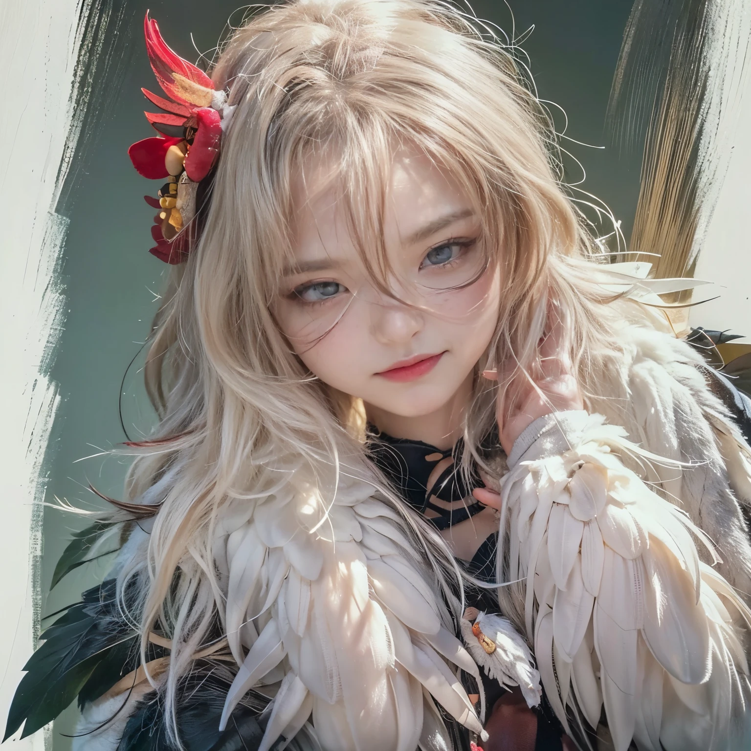 (highest quality、Super detailed、Real:1.37)、(professional、Bright colors)、(Portrait)、((Human-faced chicken:1.5))、(Human-chicken hybrid creature)、(Apparition)、(The face of a young and extremely beautiful woman:1.4)、(Beautiful detailed eyes、Beautiful detailed lips、Highly detailed eyes and face)、(Dark Night Road、Dimly lit road)、(media: oil)、(Fine feather detail、Captivating colorysterious atmosphere)、(Studio Lighting)
