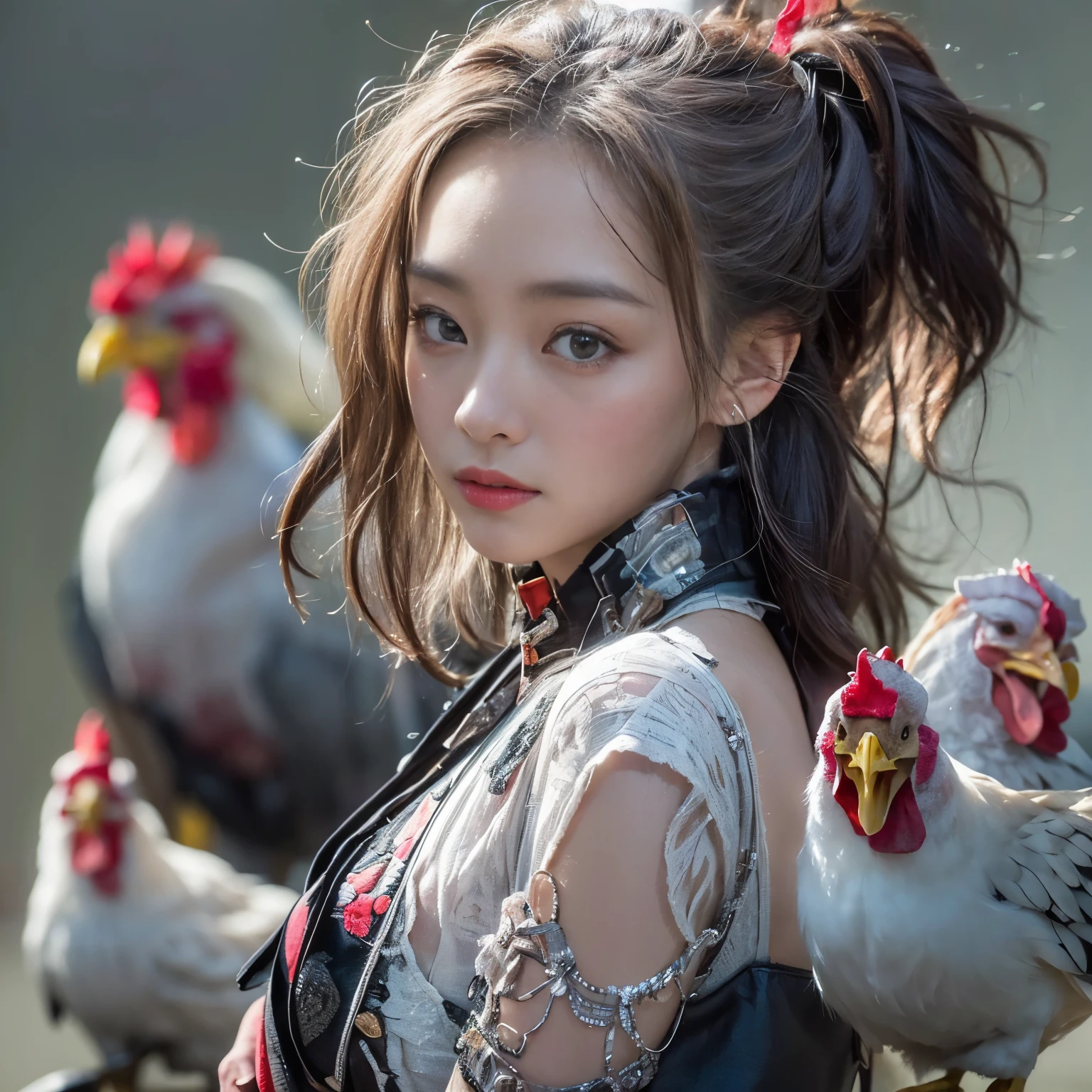 (highest quality、Super detailed、Real:1.37)、(professional、Bright colors)、(Portrait)、((Human-faced chicken:1.5))、（Human-chicken hybrid creature)、(Apparition)、(The face of a young and extremely beautiful woman:1.4)、(Beautiful detailed eyes、Beautiful detailed lips、Highly detailed eyes and face)、(Dark Night Road、Dimly lit road)、(media: oil)、(Fine feather detail、Captivating colorysterious atmosphere)、(Studio Lighting)