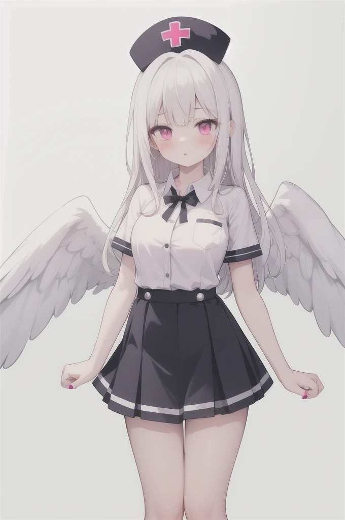 (masterpiece),(best quality),high resolution,(extremely delicate and beautiful),(Extremely detailed),Astonishing,Fine details,
1 Girl, breast, leg, Long hair, Pink Eyes, small breast, white hair,Angel Wings, collared skirt, collared shirt, skirt, wing, have, Nail polish, Nurse hat, Oversized objects, shirt, Short sleeve, white skirt, White Wings,Artist Logo, Outdated, Simple background,  username, White background,
,
((shining skin, Oily skin, shining)),
(light:1.2), (Volumetric Lighting),(Best shadows),

