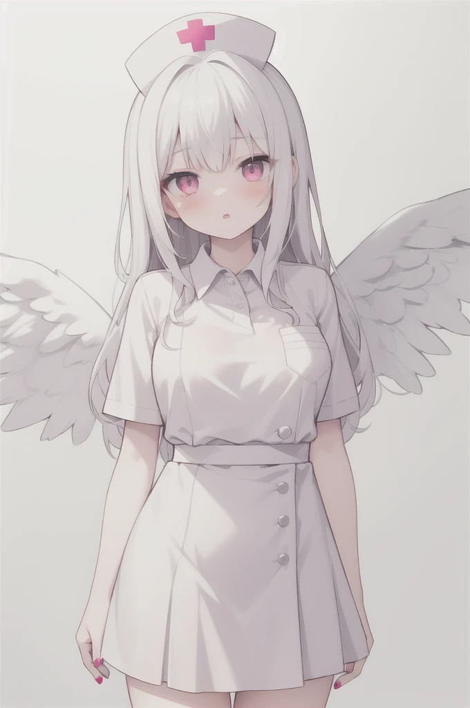 (masterpiece),(best quality),high resolution,(extremely delicate and beautiful),(Extremely detailed),Astonishing,Fine details,
1 Girl, breast, leg, Long hair, Pink Eyes, small breast, white hair,Angel Wings, collared skirt, collared shirt, skirt, wing, have, Nail polish, Nurse hat, Oversized objects, shirt, Short sleeve, white skirt, White Wings,Artist Logo, Outdated, Simple background, username, White background,
,
((shining skin, Oily skin, shining)),
(light:1.2), (Volumetric Lighting),(Best shadows),