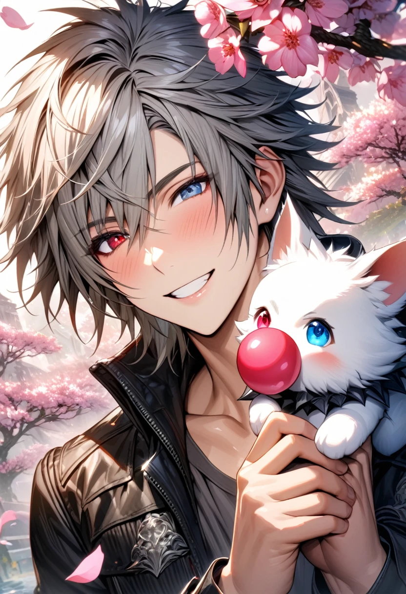absurdres, highres, ultra detailed, HDR, masterpiece, extremely detailed face and eyes, extremely detailed features, Riku, gray spiky hair, heterochromia, left eye red, right eye blue, final fantasy xv, solo, sexy man, handsome, black jacket, gray shirt, blossoms, pink petals, pink flower, happy, holding a cute white fluffy moogle