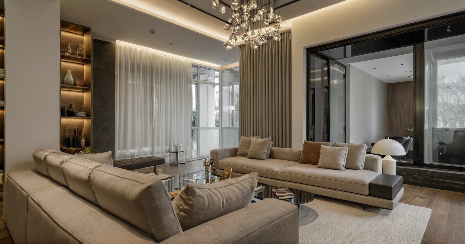 Raw photo,Masterpiece, high quality, best quality, authentic, super detail,
interior, indoors, living style modern, A luxurious living room with modern furniture: a long light gray sofa, a glass and metal coffee table, a white single chair, wooden wall panels, and decorative bookshelves. The high ceiling features a unique chandelier, and large windows with light curtains create a bright and airy space.
, (daylight:1.1), vivid colour, (realistic:1.2),