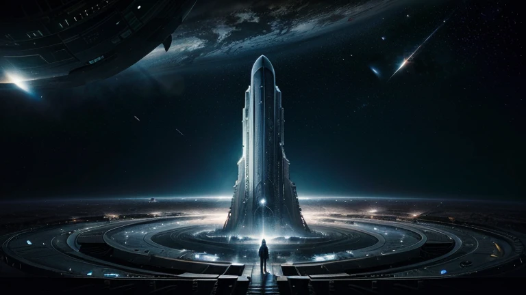 Interstellar，Endless space，A spaceship rushes towards the huge gate of time and space，ssee-through，depth of fieldasterpiece))，(Best quality))，Magnificent space image scene，surrealism, Super detail, ccurate, Best quality, hyper HD, Masterpiece, Anatomically correct, A high resolution, 16k