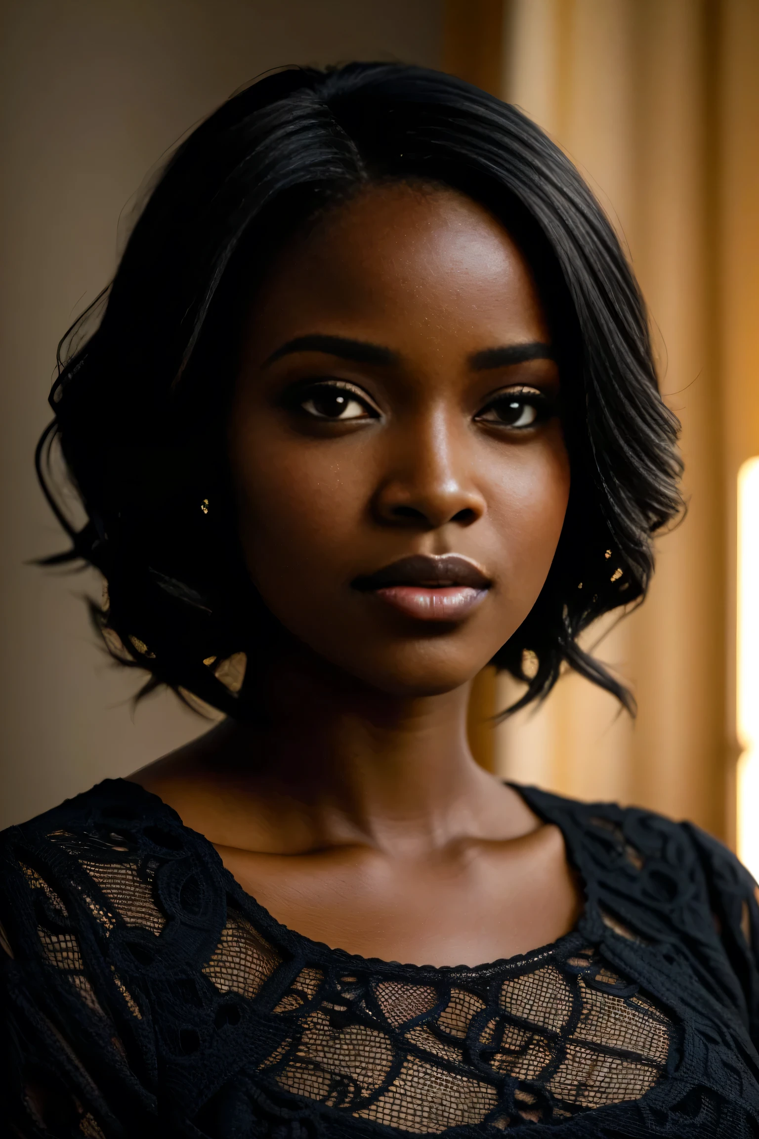 foto crua, portrait photo of the face of a beautiful ebony woman in her 30s, rosto fofo, usando vestido preto, Cara feliz, sombras duras, dramatic lighting, peito extra grande , modelo sexy, cabelo preto comprido