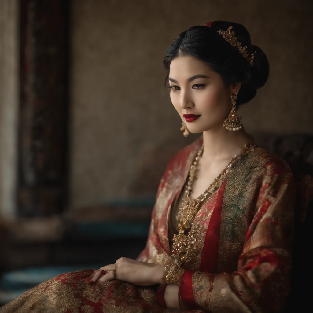 Color Portrait with the intricate details of an Oriental Geisha adorned with exotic Oriental jewelry, focusing on its worn edges and timeless charm, capturing the nostalgia and history it holds within its design, Masterpiece, Bright Beautiful face soft skin hour glass figure Full-length view Wide-Angle