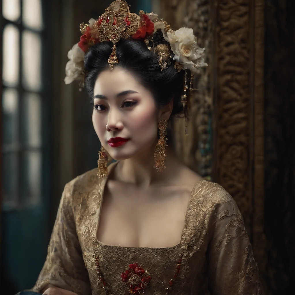 Color Portrait with the intricate details of an Oriental Geisha adorned with exotic Oriental jewelry, focusing on its worn edges and timeless charm, capturing the nostalgia and history it holds within its design, Masterpiece, Bright Beautiful face soft skin hour glass figure Full-length view Wide-Angle