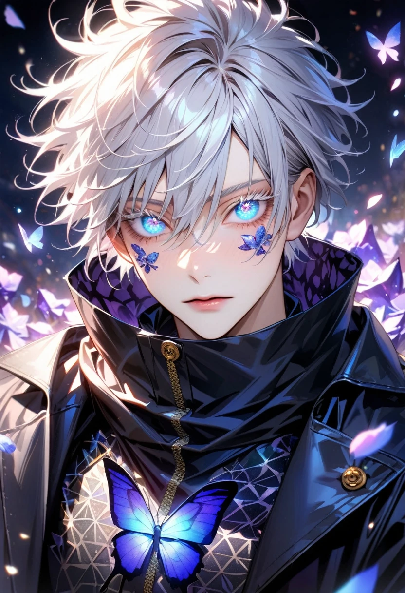 Ultra detailed, HDR, Highres, absurdres, master piece, Gojou Satoru, expressive blue eyes, white hair with bangs, hair between the eyes, white eyelashes, Jujutsu Kaisen, black coat with patterns, black tight shirt, purple glittering butterflies, purple ice, petals, purple ice roses, sexy man, solo, extremely detailed face and eyes, extremely handsome, glittering, glittering eyes, realistic face,