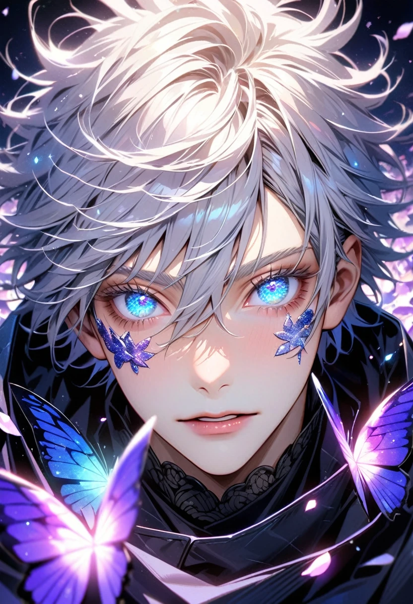 Ultra detailed, HDR, Highres, absurdres, master piece, Gojou Satoru, expressive blue eyes, white hair with bangs, hair between the eyes, white eyelashes, Jujutsu Kaisen, black coat with patterns, black tight shirt, purple glittering butterflies, purple ice, petals, purple ice roses, sexy man, solo, extremely detailed face and eyes, extremely handsome, glittering, glittering eyes, realistic face,
