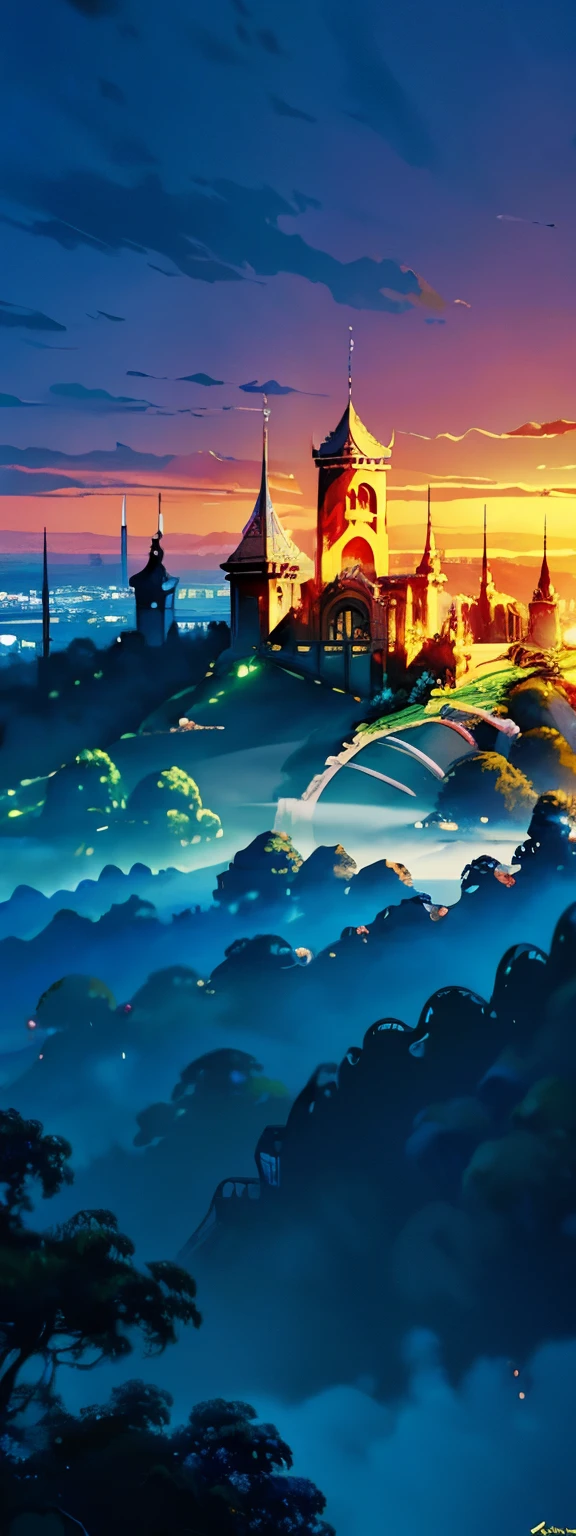 ((best quality)), ((masterpiece)), (detailed), perfect fantasia. Crystal palace on top of the hill. Beautiful landscape with trees, riacho. Entardecer. cinematic lighting 