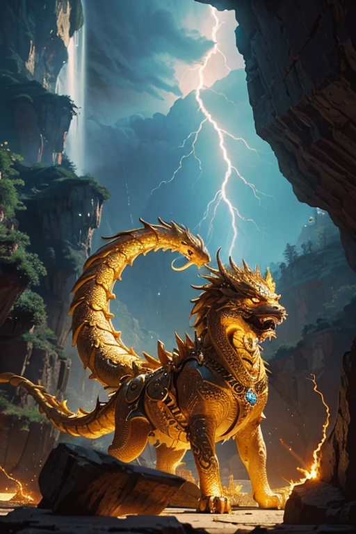 So sublime and divine々A beautiful golden dragon coiled up in the center of the screen, glaring at the camera.。The surrounding area is a canyon where no one can get close, and lightning is flashing in the background.、The sun is shining brightly