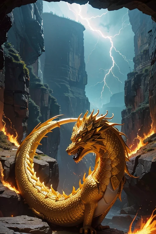 So sublime and divine々A beautiful golden dragon coiled up in the center of the screen, glaring at the camera.。The surrounding area is a canyon where no one can get close, and lightning is flashing in the background.、The sun is shining brightly