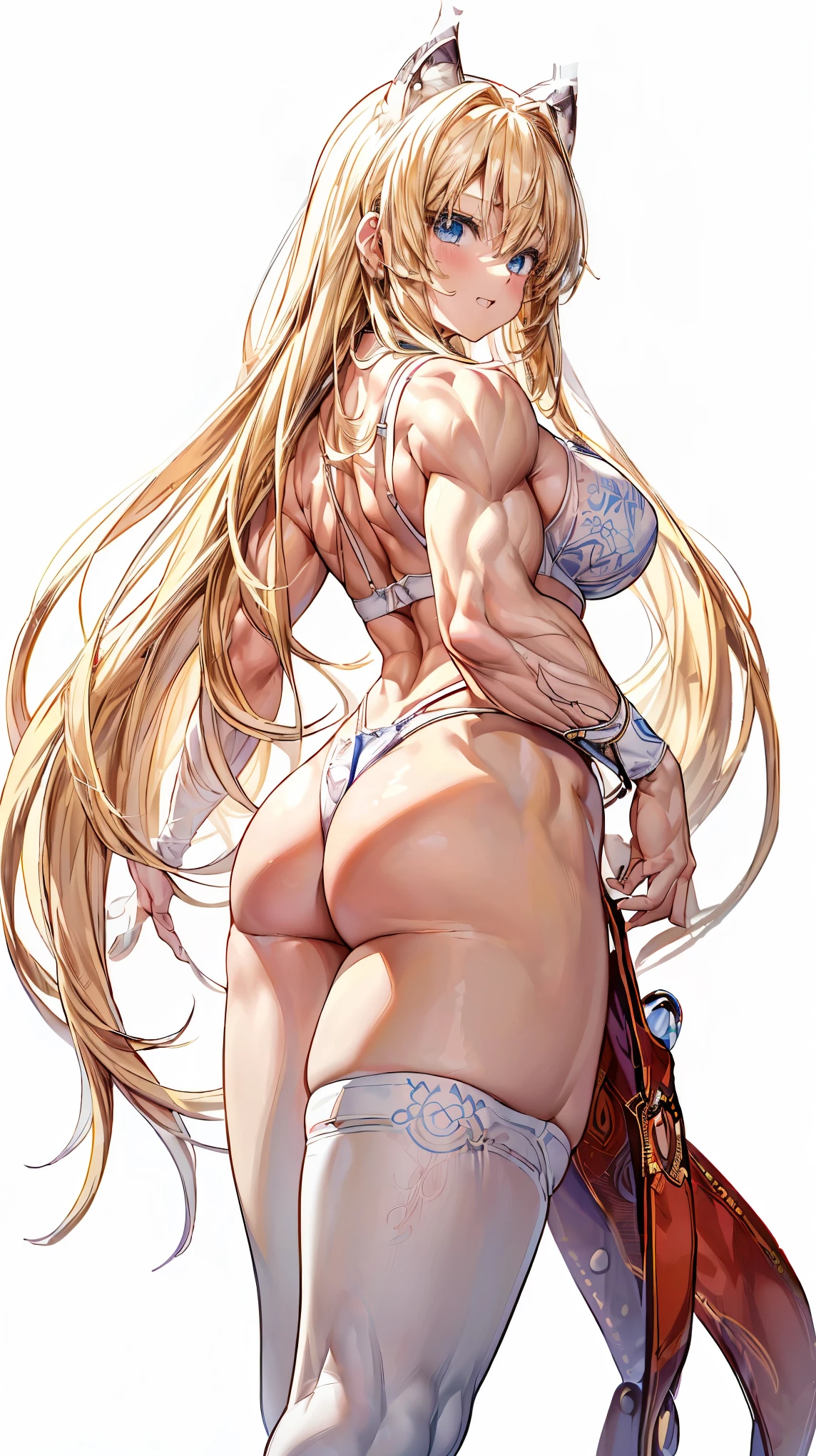 Very detailed、highest quality、Best image quality、masterpiece、8k、Anime Face、A kind smile、(Open your mouth:1.3)、Sparkling blue eyes、(Blonde semi-long hair:1.5)、(Muscles of the whole body:1.3)、(highleg:2.0)、(Thong:1.5)、Thigh belt、(Cowboy Shot:1.5)、(SFW Giant)、(Thick body:1.2)、(bra:1.5)、(sxspnts)、(Rear view:1.5)、(Pure white background:1.5)