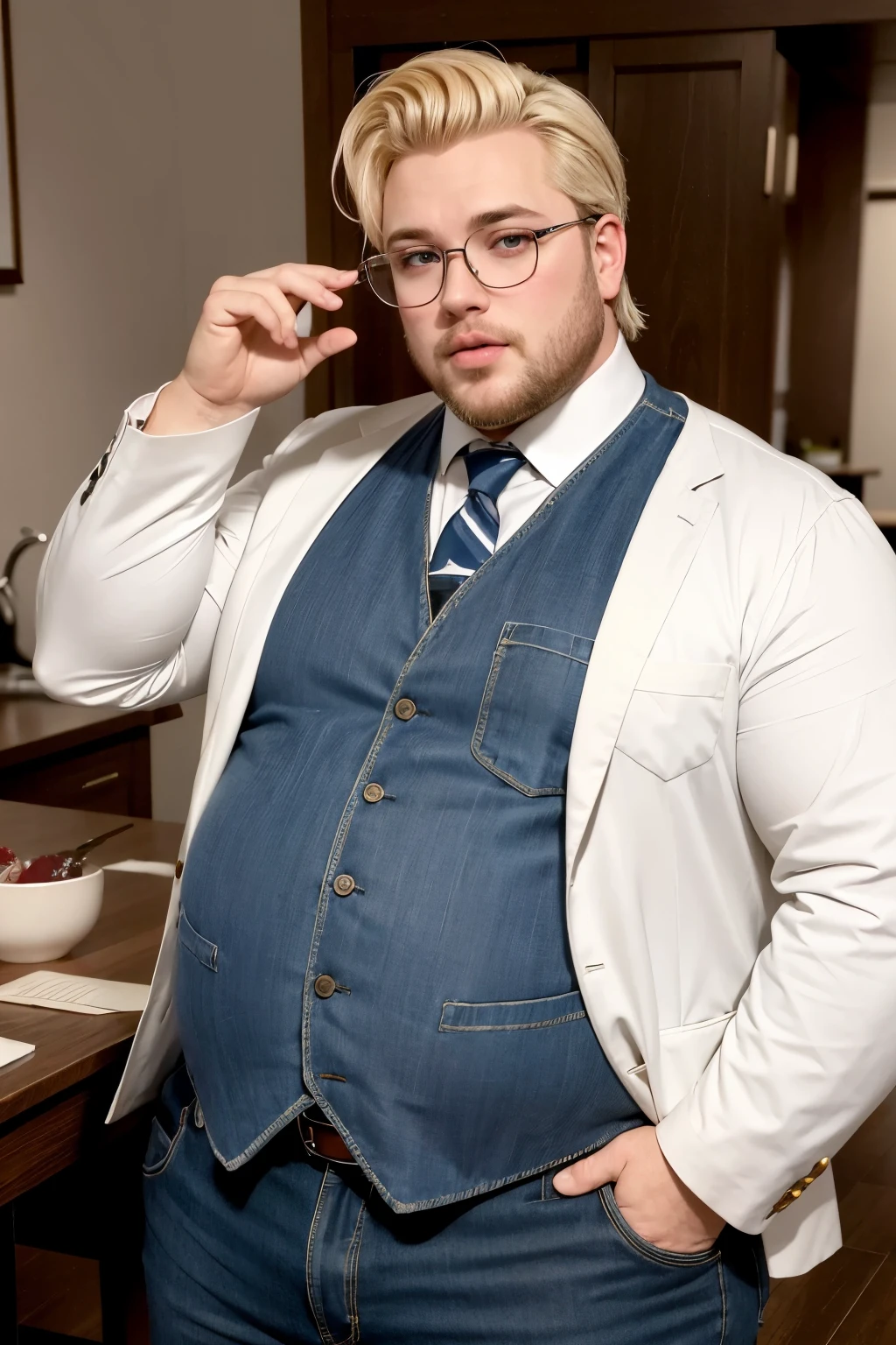 Hot, more or less corpulent white and blond man who wears square iron glasses who has a large mouth and nose with a medium thick and veiny penis 