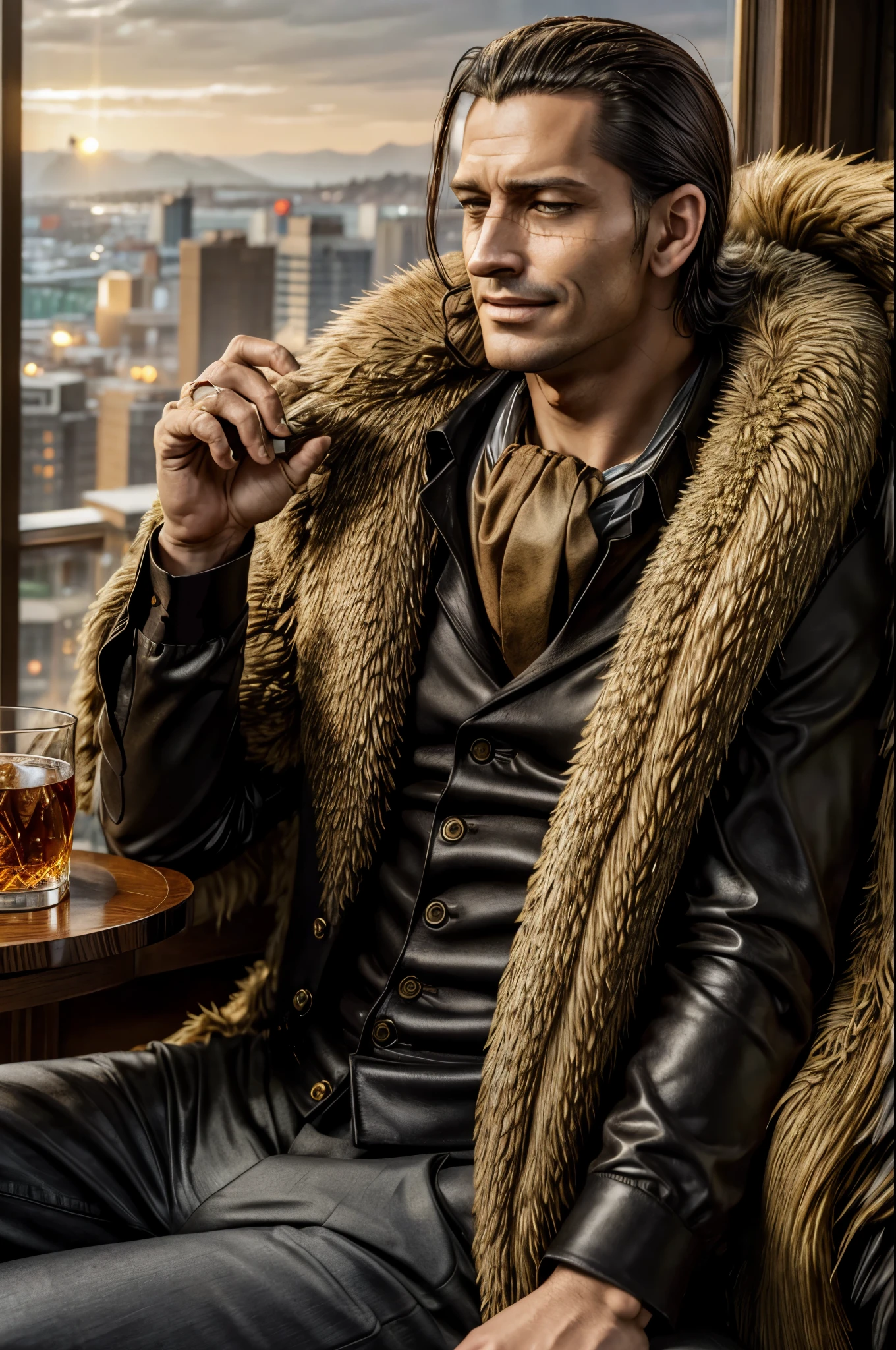 masterpiece, best quality, extremely detailed, hyperrealistic, photorealistic, a cool 40s man, ultra detailed face:1.2, fur-trimmed coat, scarf around the neck, his left hand is a golden pirate hook:1.1, cigar, in the night:1.1, at hotel lounge, bar counter, view from high-rise, whiskey:1.1, sly smile, sitting a seat