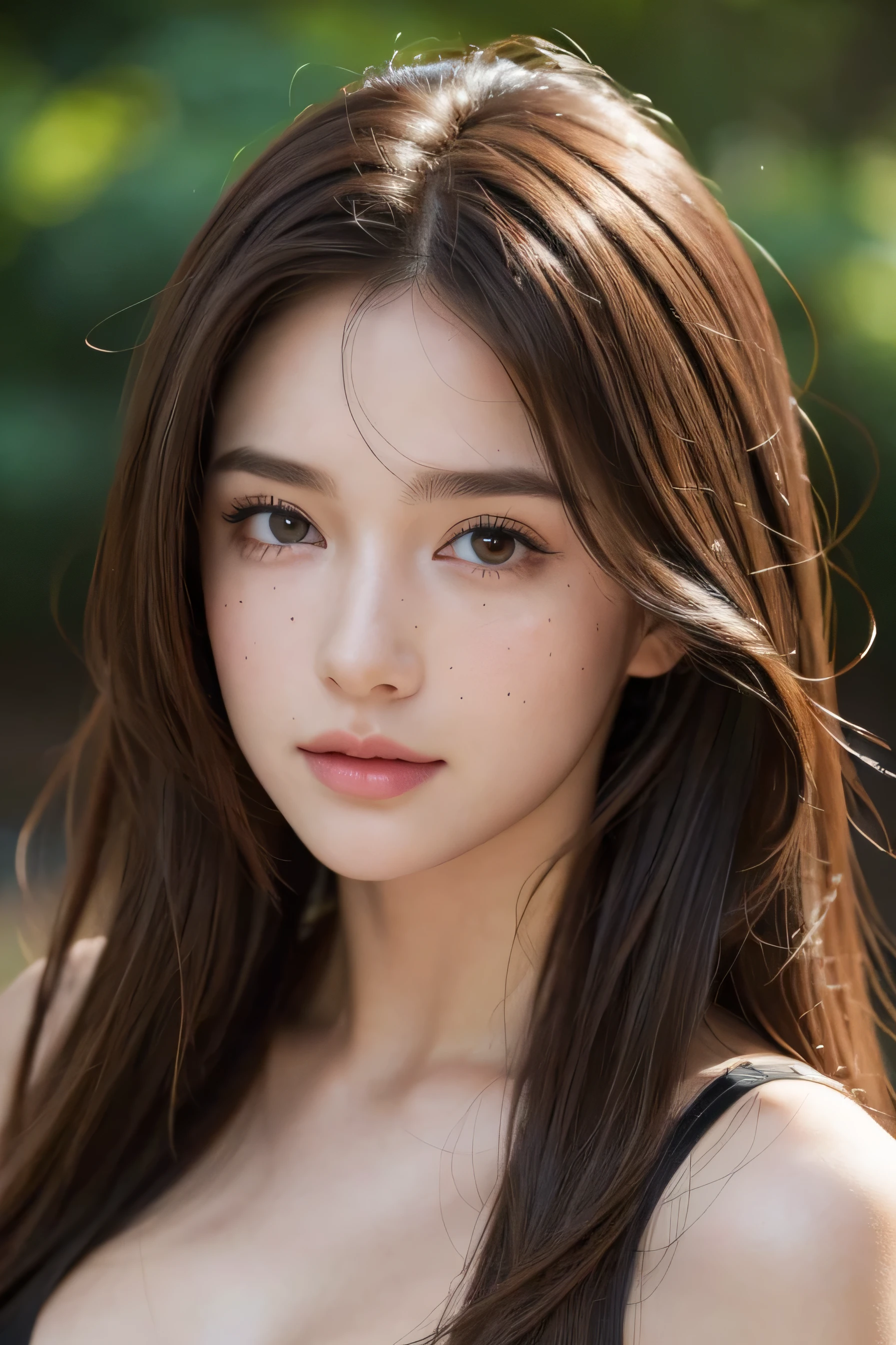 Ultra-high resolution, Better Quality, photo shoot, 4K, (Realistic:1.4) Freckle portrait photography , Big breasts super long brown hair, brown eyes