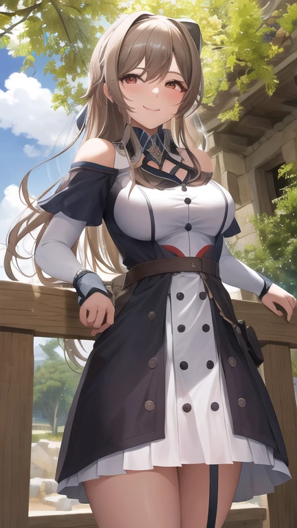 Obra maestra, mejor calidad, high resolution, fel1, guanteletes de novia, muslos negros, hombros descubiertos, belt, correas de liga, vestido blanco, guantes de codo, al aire libre, sonrisa, tiro de vaquero,
