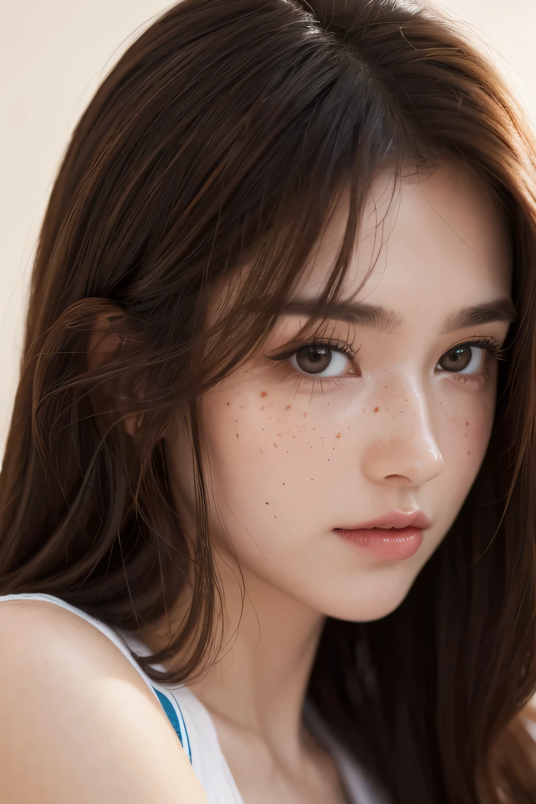Ultra-high resolution, Better Quality, photo shoot, 4K, (Realistic:1.4) Freckle portrait photography , Big breasts super long brown hair, brown eyes,in high