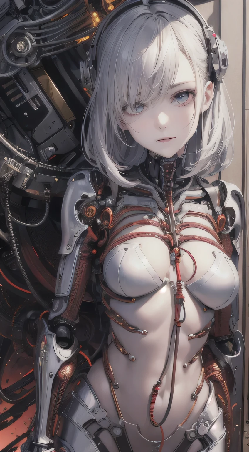 (((masterpiece))), ((highest quality)), (Super Detail), (CG illustration), (So evil and beautiful)), Cinematic Light, ((1. Mechanical Girl)), single, (Mechanical Arts: 1.4), ((Mechanical Limbs)), (Blood vessel attached to a tube), ((Mechanical spine attached to the back)), ((Mechanical cervical vertebrae attached to the neck), (Back to viewers)), Expressionless, ( Wires and cables connected to the head and torso: 1.5), SF, Apocalypse, What&#39;s left behind, (Lower body integrated with mechanical device), (Blood: 1.5), Cruelty, Confused, eroticism, Integration with machines, The End Times, Super Future, inorganic, Research Room, constrained, (Beautiful luxury: 1.2), (1 girl: 1.3), Body wrapped around the tentacles of a machine、The lower body is mechanical
