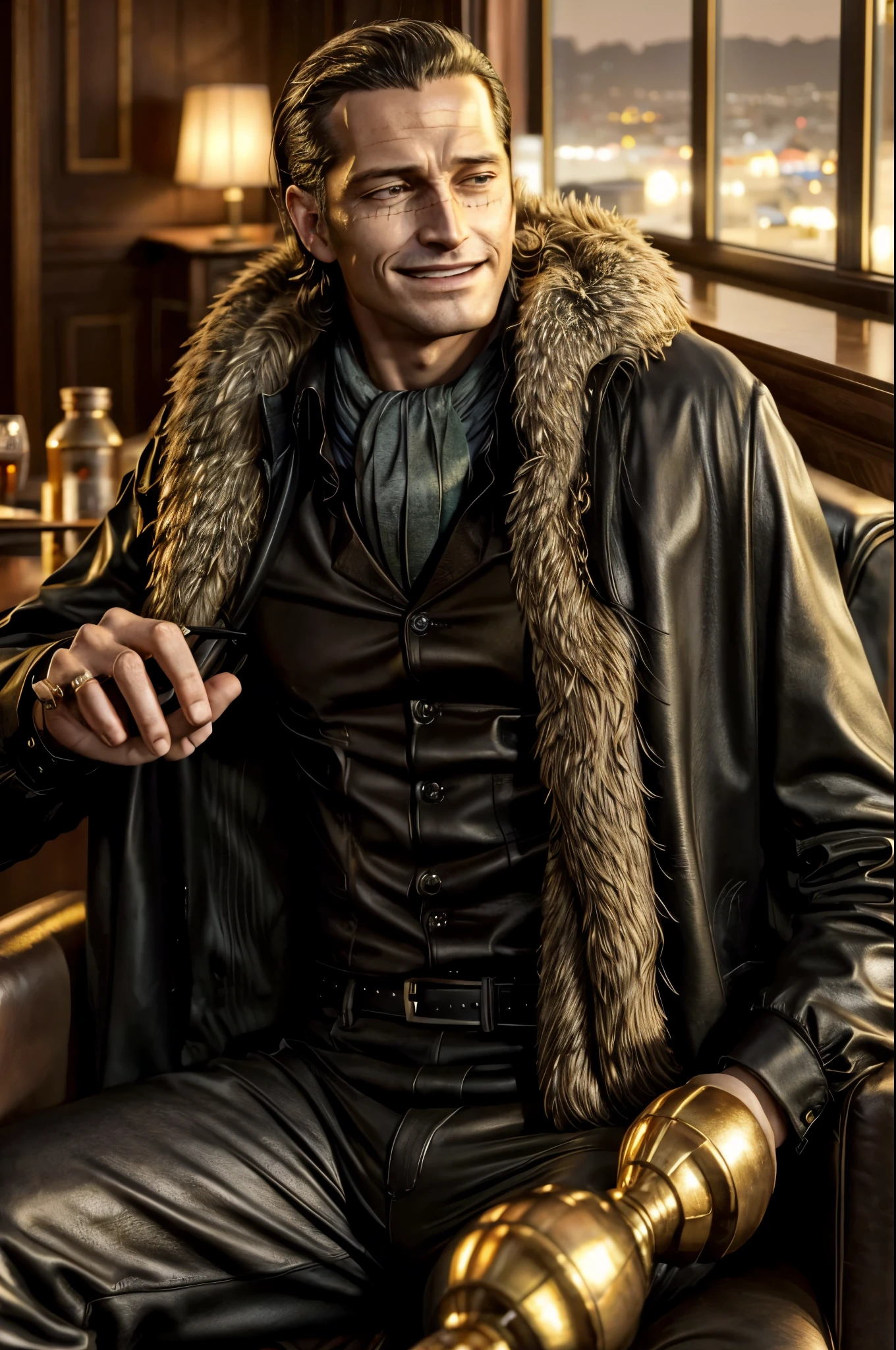 masterpiece, best quality, extremely detailed, hyperrealistic, photorealistic, a cool 40s man, ultra detailed face:1.2, fur-trimmed coat, scarf around the neck, his left hand is a golden pirate hook:1.1, cigar, in the night:1.1, at hotel lounge, bar counter, view from high-rise, whiskey:1.1, sly smile, sitting a seat