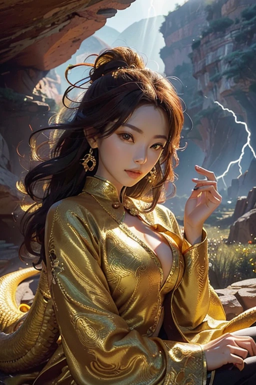 So sublime and divine々Beautiful golden dragon(Dragon face close-up)is coiled up and floating in the center of the screen, glaring at the camera.。The surrounding area is a canyon where no one can get close, and lightning is flashing in the background.、The sun is shining brightly, nsfw, all upper body shot