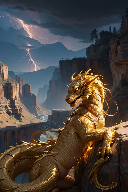 So sublime and divine々A beautiful golden dragon coiled up in the center of the screen, glaring at the camera.。The surrounding area is a canyon where no one can get close, and lightning is flashing in the background.、The sun is shining brightly