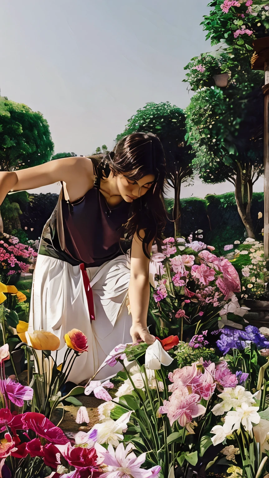 Pessoa, de corpo inteiro, segurando uma cesta cheia de flores. The person is bending down to pick some flowers from the bushes. Beautiful landscape of a flower field on a spring morning. in the blue sky, birds flying. cinematic lighting. Feeling of satisfaction. Ultra HD. Altamente detalhado. Pessoa colhendo flores em primeiro plano 