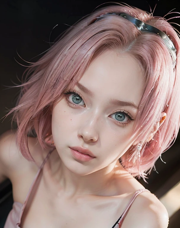 young woman, short shoulder-length pink hair, wide forehead, porcelain skin, pink eyebrows, big emerald green eyes, buttoned nose, full lips, heart-shaped face, slender body, small breasts, red tank top, Sakura Haruno , realistic, realism, details, 3d, well detailed
