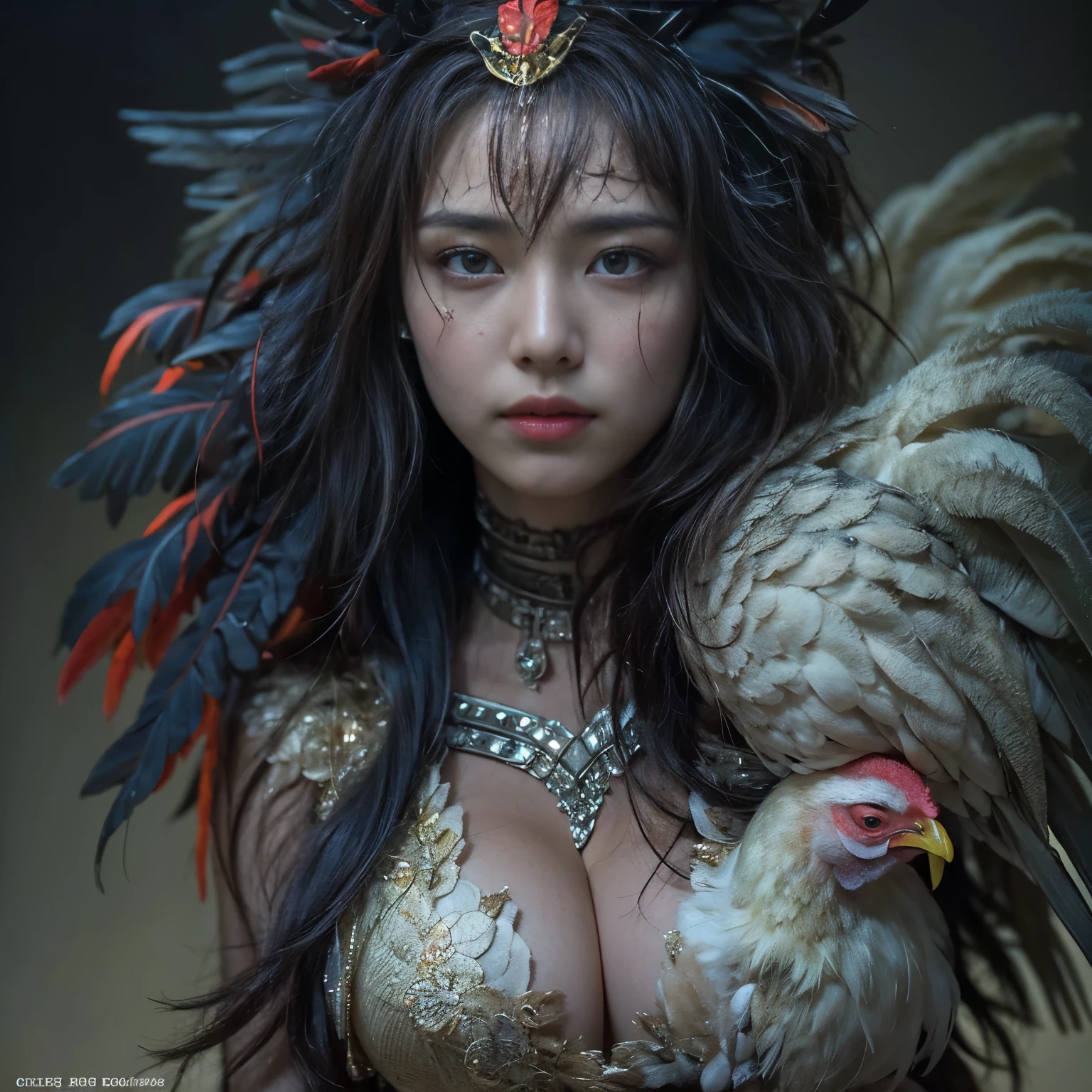 (highest quality、Super detailed、Real:1.37)、(professional、Bright colors)、(Dark fantasy)、((Human-faced chicken:1.5))、（Human-chicken hybrid creature)、(Apparition)、(The face of a young and extremely beautiful woman:1.4)、(Beautiful detailed eyes、Beautiful detailed lips、Highly detailed eyes and face)、(Dark Night Road、Dimly lit road)、(media: oil)、(Fine feather detail、Captivating colorysterious atmosphere)、(Studio Lighting)