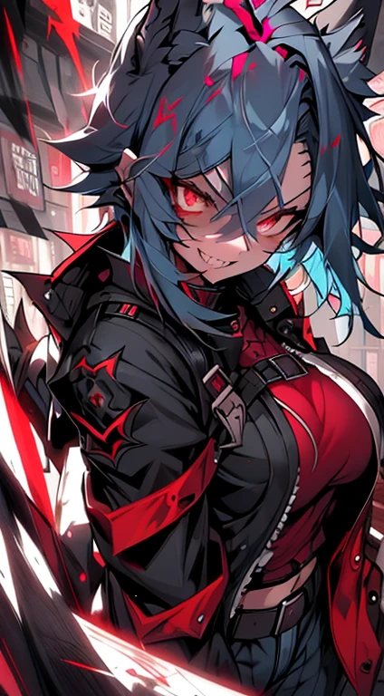1girl, short_rebellious_hairblue_hair, hair tips to the side, scary_eyes, short_hair, Mouth_open_teeth_sharp_fangs, Evil smile_sharp_wild teeth, black_iris, scarlet_red_pupil, black, sclera, soulless_black_eyes, looking_at_vi ewer, holding, shirt, pant, animal_ears, blue_ ears, wolf_woman, blue_tail, body_perfect, Milf_body, female_body_muscular, big_breasts, scar_on_thighs, scar_on_the abdomen,vampire slayer_outfit