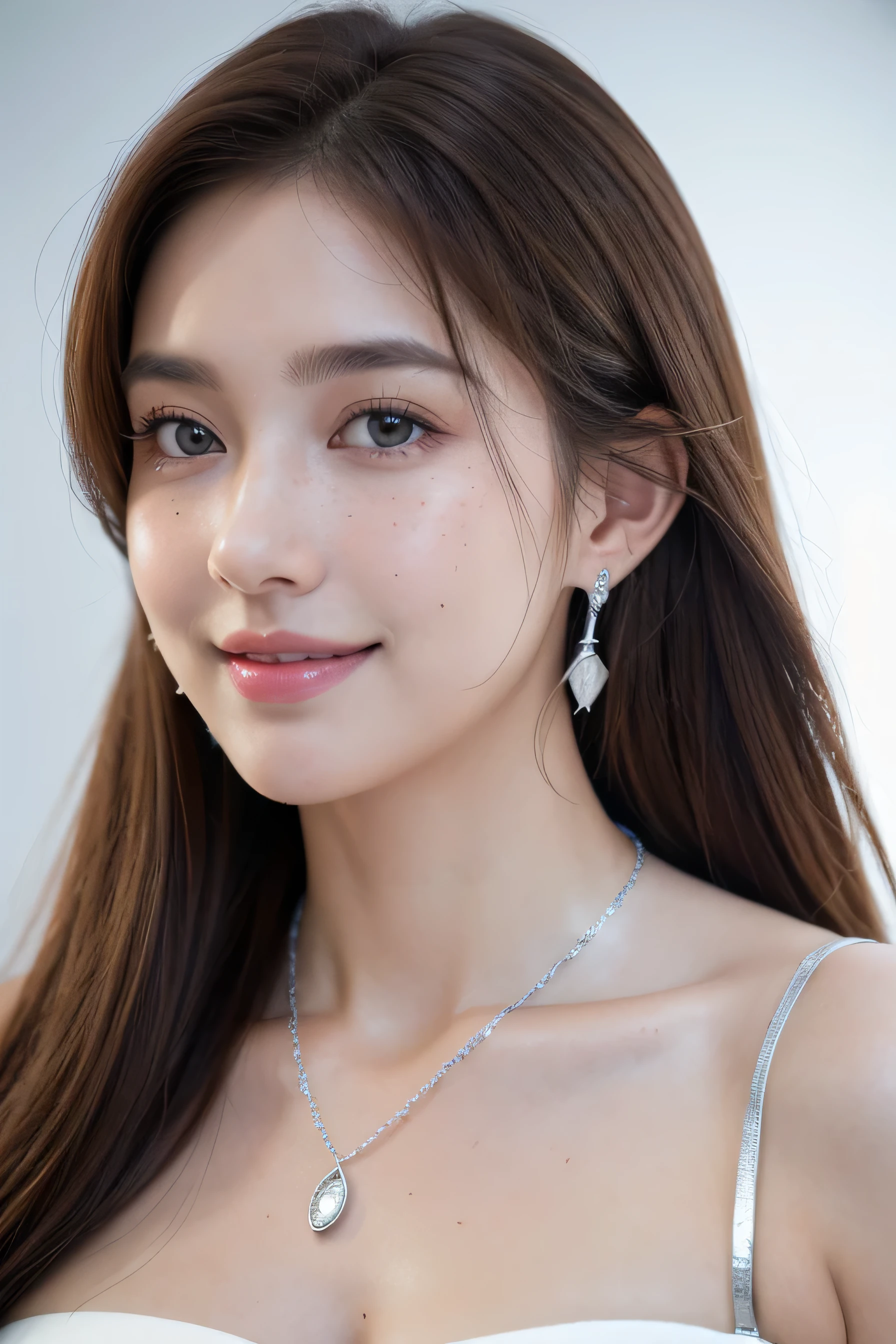 Ultra-high resolution, Better Quality, photo shoot, 4K, (Realistic:1.4) Freckle portrait photography , Big breasts super long brown hair, brown eyes,Wearing white gauze clothing,shy smile,((Silver Necklace＿Large earrings:1.2)),