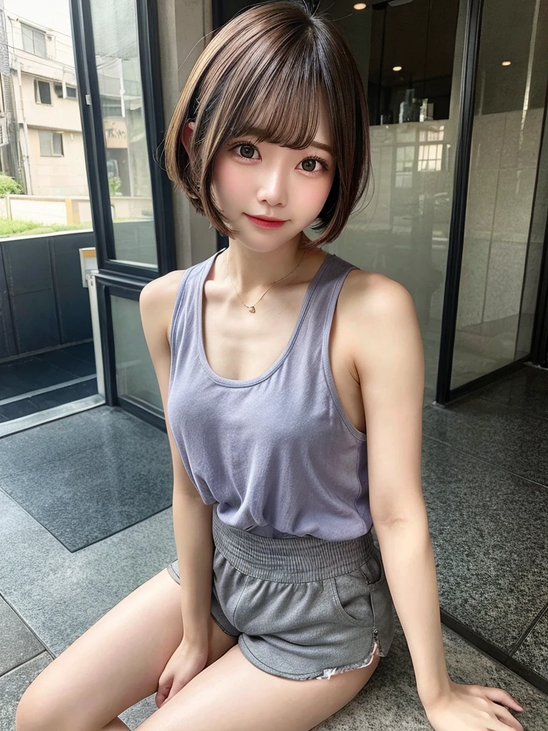 Tank top、beauty、Short Bob、Disheveled Hair、Shorts、sit、highest quality