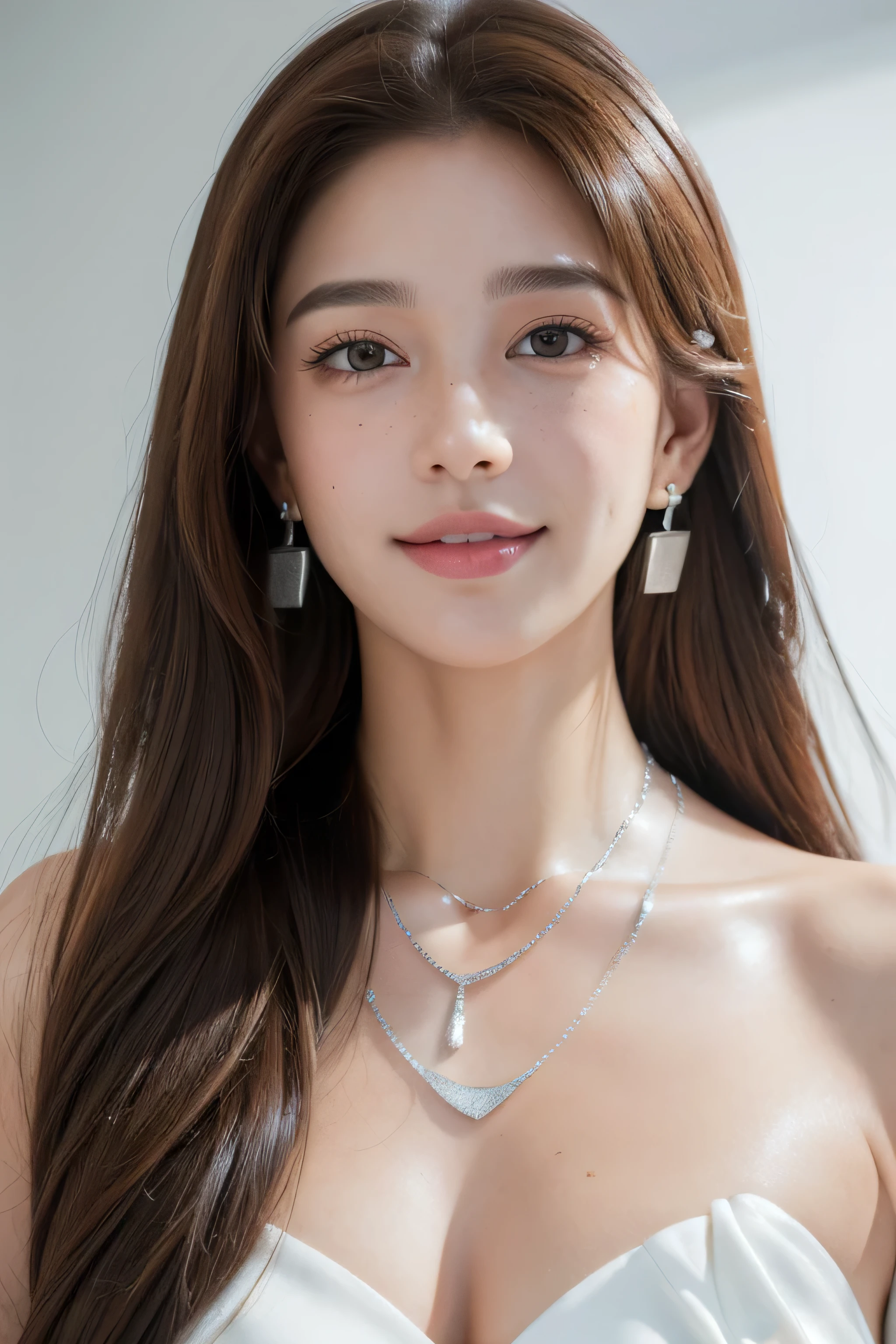 Ultra-high resolution, Better Quality, photo shoot, 4K, (Realistic:1.4) Freckle portrait photography , Big breasts super long brown hair, brown eyes,Wearing white gauze clothing,shy smile,((Silver Necklace_Large earrings:1.2)),
