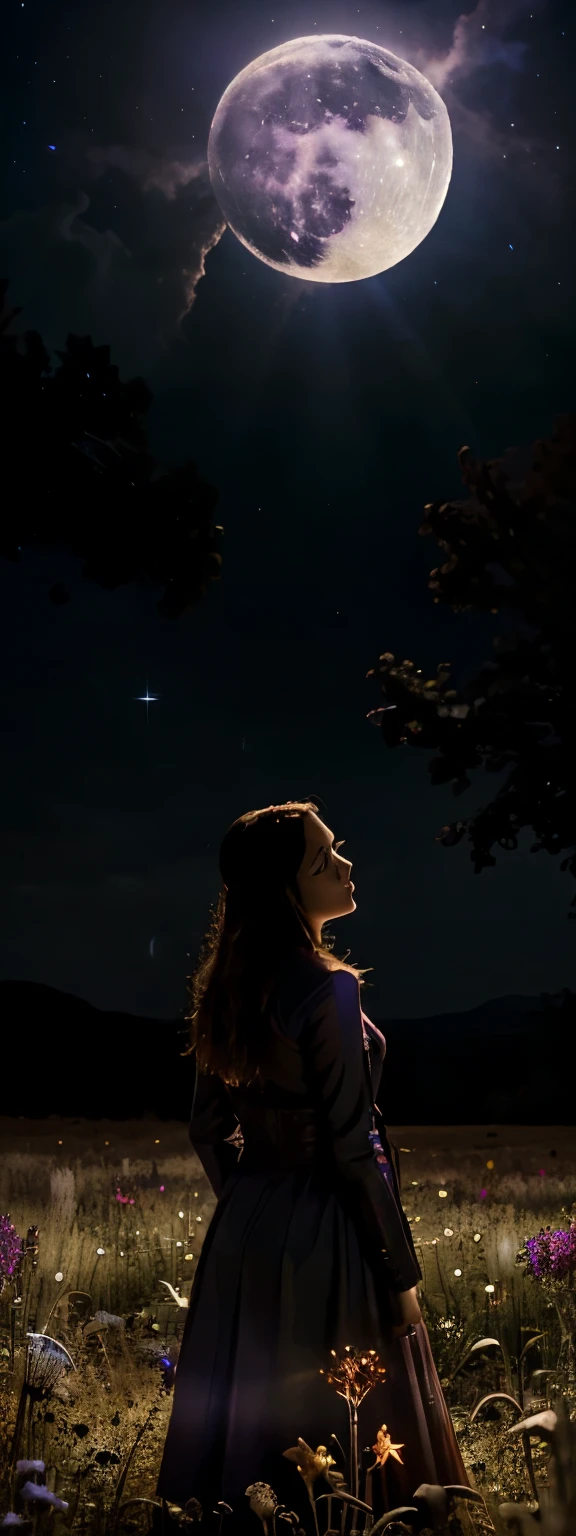 expansive landscape photograph , (a view from below that shows sky above and open field below), a girl standing on flower field looking up, (full moon:1.2), ( shooting stars:0.9), (nebula:1.3), distant mountain, tree BREAK
production art, (warm light source:1.2), (Firefly:1.2), lamp, lot of purple and orange, intricate details, volumetric lighting BREAK
(masterpiece:1.2), (best quality), 4k, ultra-detailed, (dynamic composition:1.4), highly detailed, colorful details,( iridescent colors:1.2), (glowing lighting, atmospheric lighting), dreamy, magical, (solo:1.2)