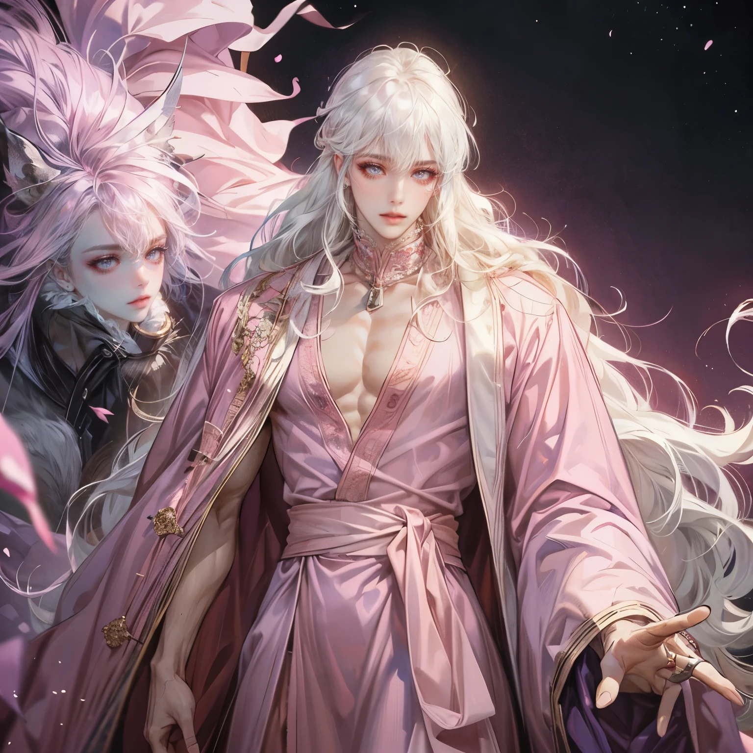 One man, 1 man only, white hair, curly hair, very long hair, hair down, purple eyes, pink robe, pink clothes, jewelry, masculine features, sharp eyes, manly