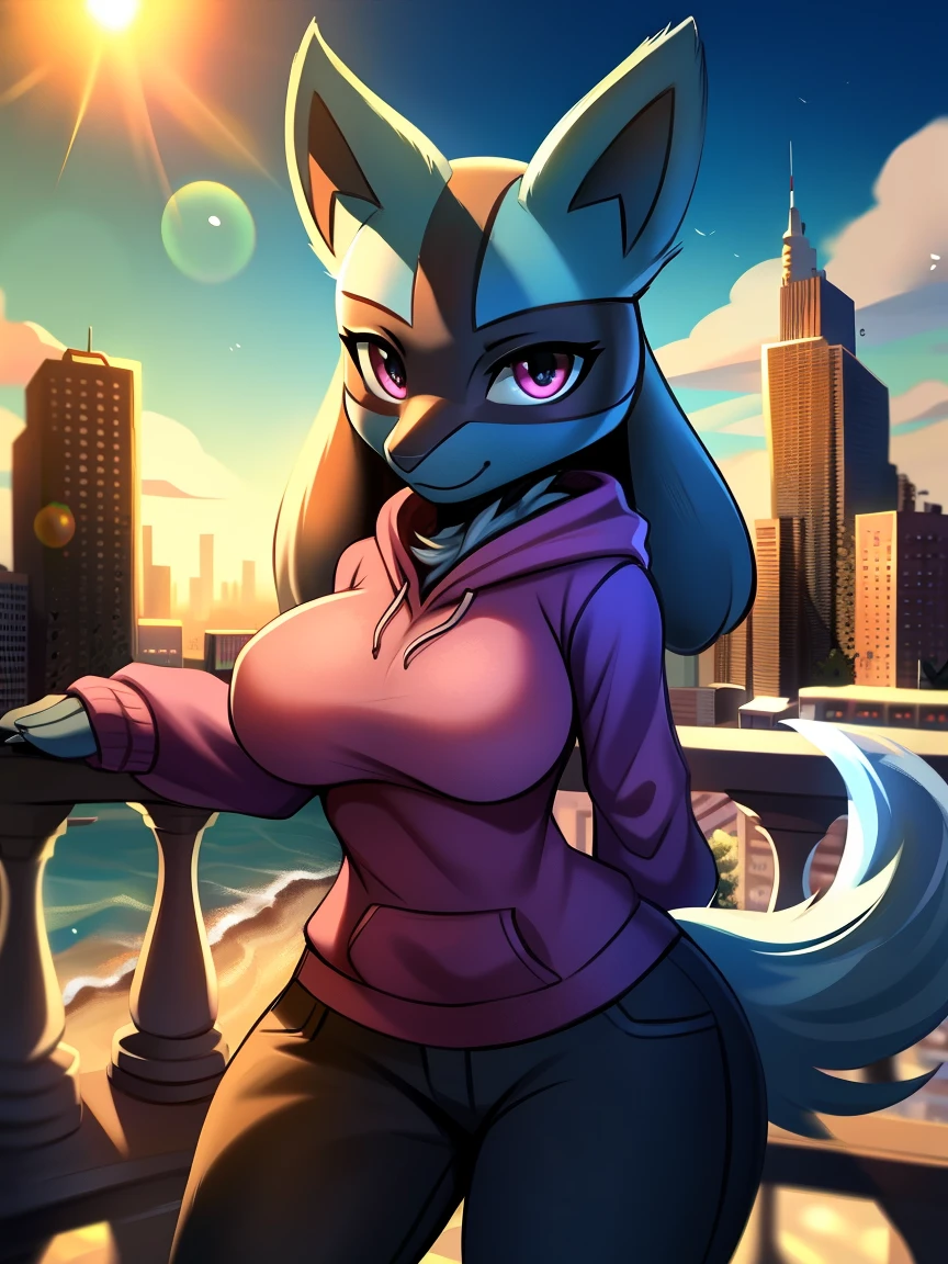 ((lucario)), ((solo)) wolf, blue fur, spikes, breasts, purple hoodie, black pants, looking at viewer, potted plants, decorations, standing, up close, on balcony, city view, blue sky, sun, sunny day, lens flare, Very good figure, cinematic lighting, volume lighting, masterpiece, best quality
