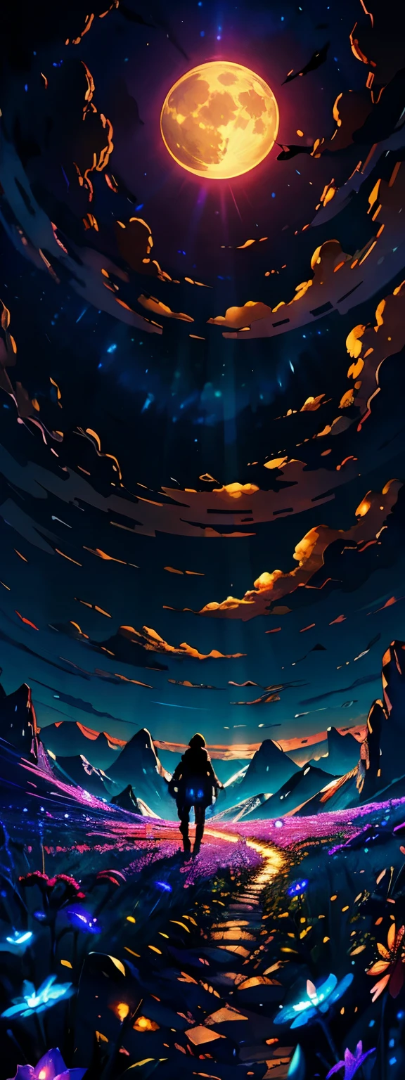 expansive landscape photograph , (a view from below that shows sky above and open field below), a girl standing on flower field looking up, (full moon:1.2), ( shooting stars:0.9), (nebula:1.3), distant mountain, tree BREAK
production art, (warm light source:1.2), (Firefly:1.2), lamp, lot of purple and orange, intricate details, volumetric lighting BREAK
(masterpiece:1.2), (best quality), 4k, ultra-detailed, (dynamic composition:1.4), highly detailed, colorful details,( iridescent colors:1.2), (glowing lighting, atmospheric lighting), dreamy, magical, (solo:1.2)