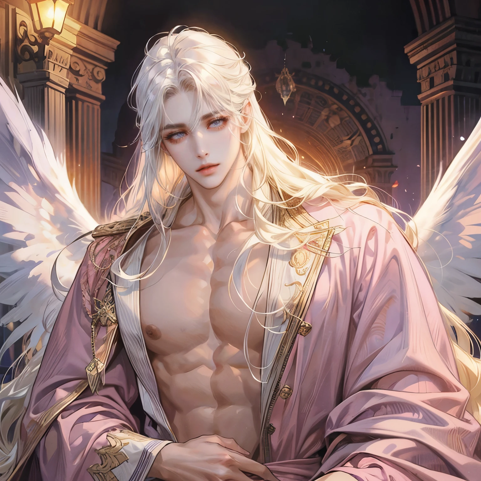 One man, 1 man only, white hair, curly hair, perfect, handsome, y, very long hair, hair down, purple eyes, pink robe, pink clothes, jewelry, masculine features, sharp eyes, with angel wings, soft warm lighting, majestic