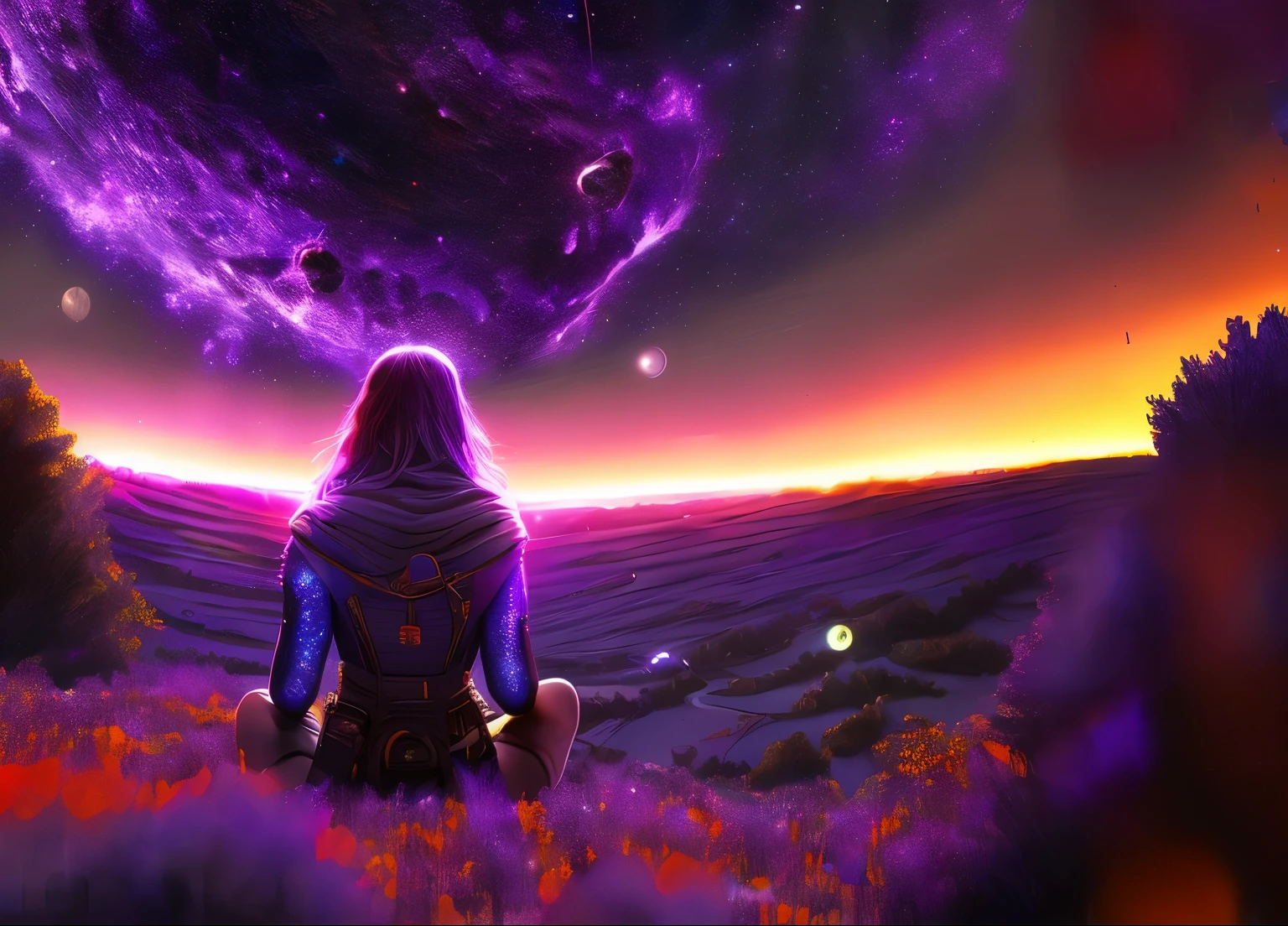 expansive landscape photograph , (a view from below that shows sky above and open field below), a girl standing on flower field looking up, (full moon:1.2), ( shooting stars:0.9), (nebula:1.3), distant mountain, tree BREAK production art, (warm light source:1.2), (Firefly:1.2), lamp, lot of purple and orange, intricate details, volumetric lighting BREAK (masterpiece:1.2), (best quality), 4k, ultra-detailed, (dynamic composition:1.4), highly detailed, colorful details,( iridescent colors:1.2), (glowing lighting, atmospheric lighting), dreamy, magical, (solo:1.2)