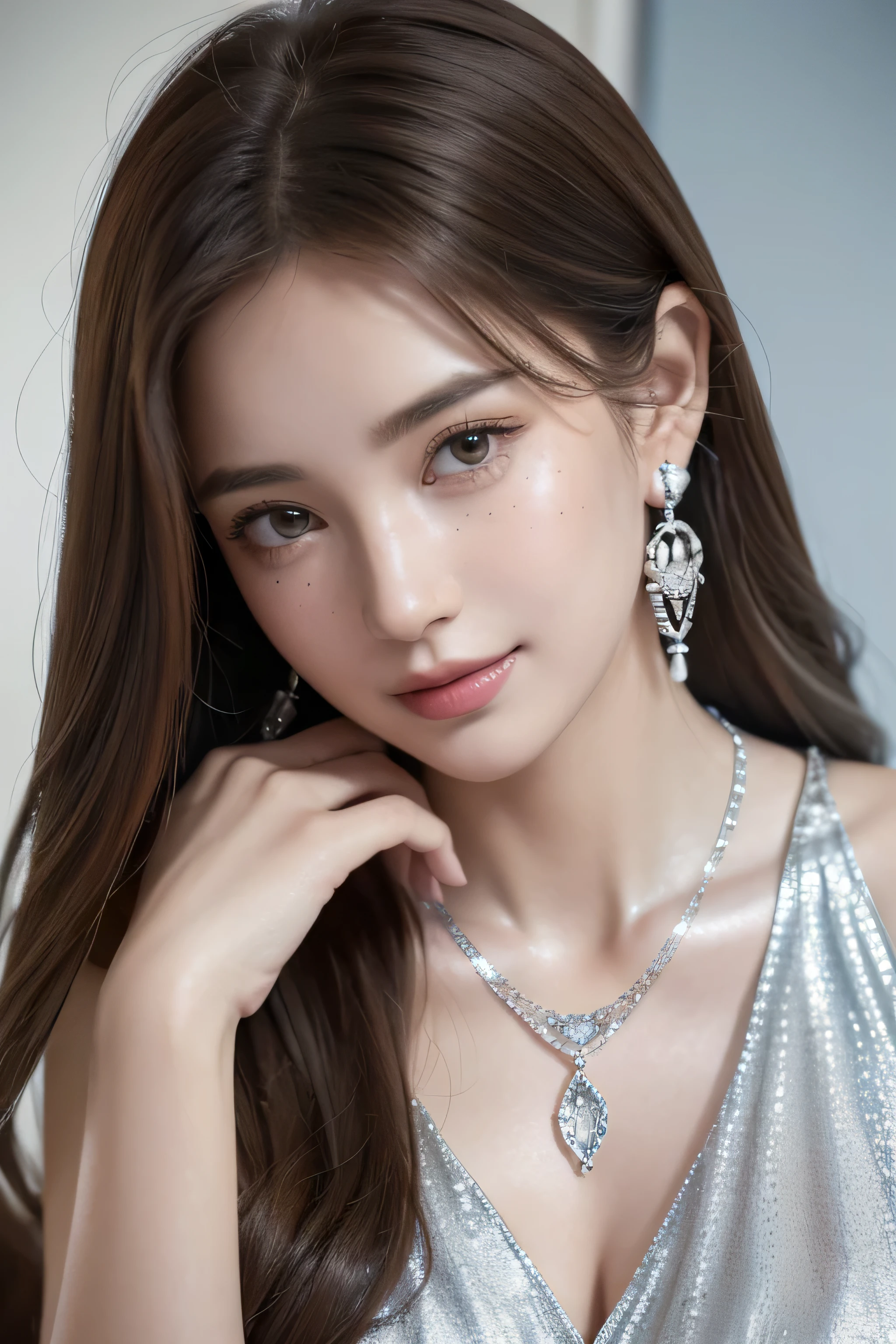 Ultra-high resolution, Better Quality, photo shoot, 4K, (Realistic:1.4) Freckle portrait photography , Big breasts super long brown hair, brown eyes,Wearing light blue dress is decorated with intricate embroidery patterns,Feminine and seductive,shy smile,((Silver Necklace_Large earrings:1.2)),Place your left hand gently on your chin、In a crowded café at dusk