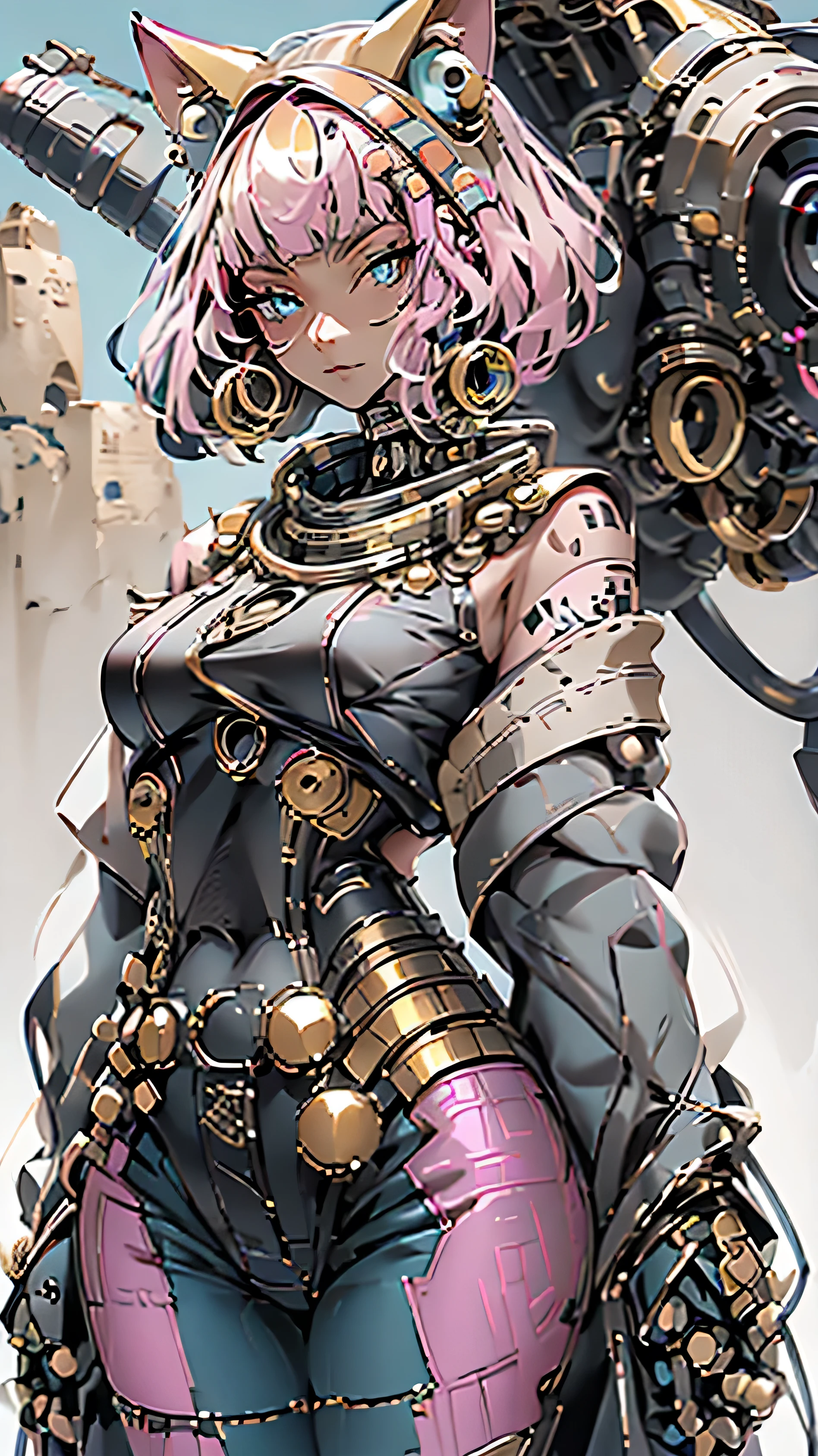 Imagine a robot girl with pink hair and blue eyes,she is orange,blue and black,she is in japanese streets,she is serious,bare shoulder, hyper realistic portrait, 8k uhd, edge pop art