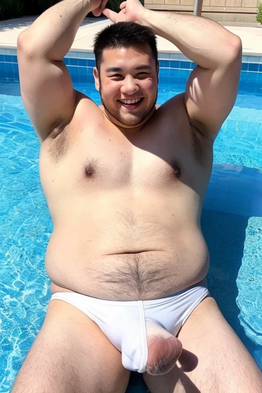 ((highest quality)), ((masterpiece)), (detailed), Perfect Face、Shaved head、Young Japanese、Muscular、Fat body、Big guy、smile、white small swimsuit、Raising his arms、Accentuate your thick legs、bulge,erection,