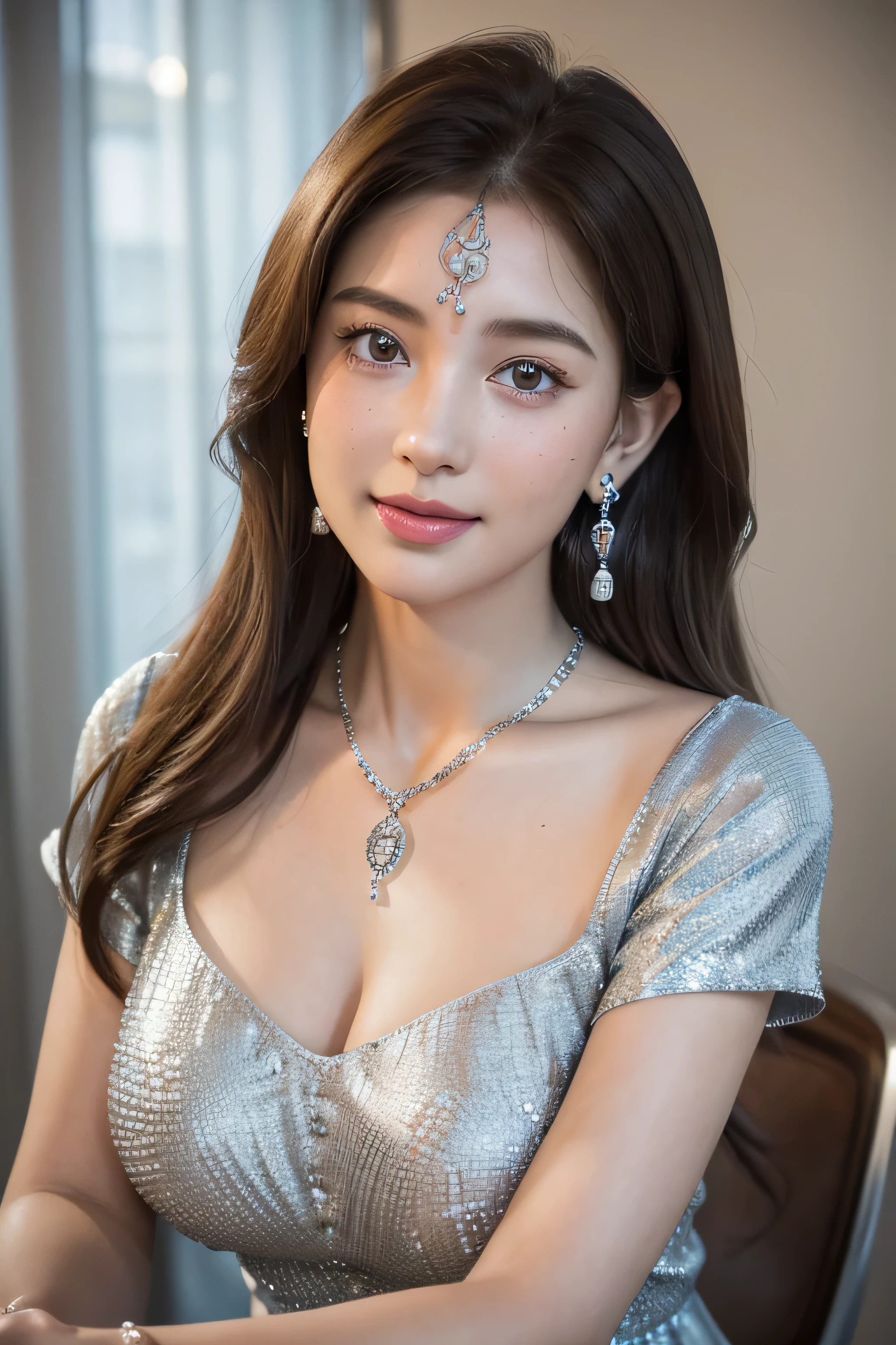 Ultra-high resolution, Better Quality, photo shoot, 4K, (Realistic:1.4) Freckle portrait photography , Big breasts super long brown hair, brown eyes,Wearing light blue dress is decorated with intricate embroidery patterns,Feminine and seductive,shy smile,((Silver Necklace_Large earrings:1.2)),Place your left hand gently on your chin、In a crowded café at dusk