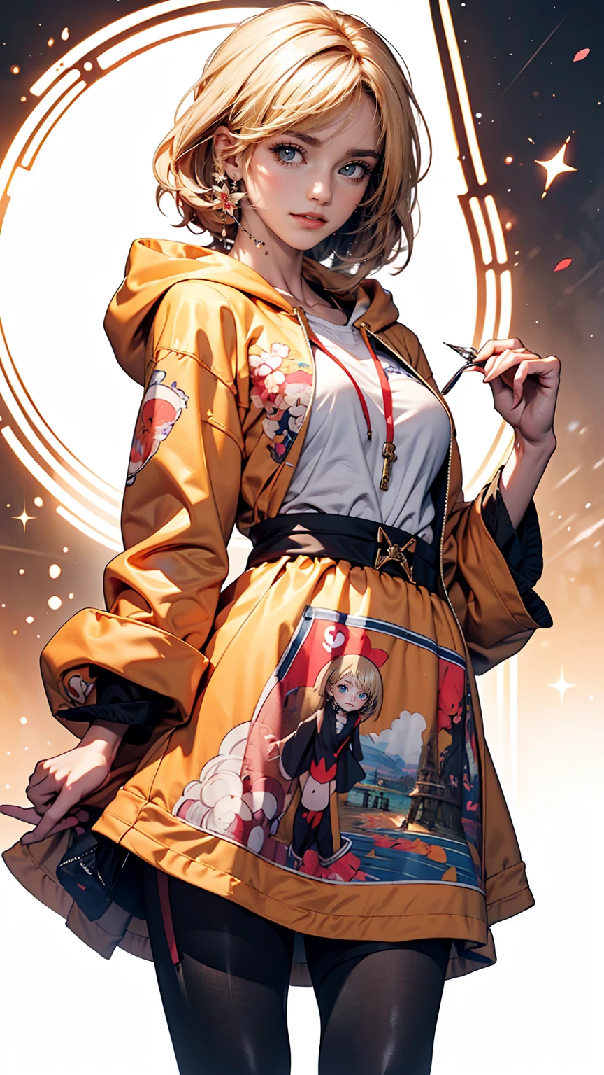 highest quality, masterpiece, High resolution, 8k, Hoodies and anime style girls, One Girl, Detailed line drawing, Bright White and Bright Amber Styles, Digital Enhancement, close, Anime Core, Flowing fabric