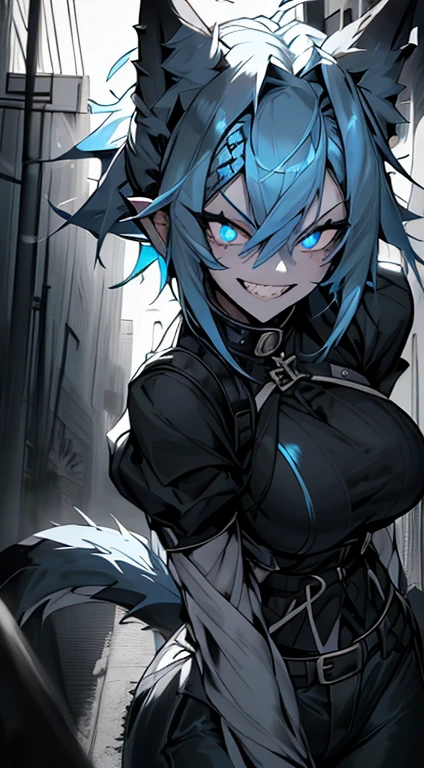 1girl, short_rebellious_hairblue_hair, hair tips to the side, blue_eyes, scary_eyes, short_hair, hair just blue,Big_smile , Evil smile_sharp_wild teeth, skin black as darkness, Glowing eyes, looking_at_vi ewer, holding, shirt, pant, animal_ears, blue_ ears, wolf_woman, blue_tail, body_perfect, Milf_body, female_body_muscular sexy, big_breasts, scar_on_thighs, scar_on_the abdomen,vampire slayer_outfit, outfit Black and White