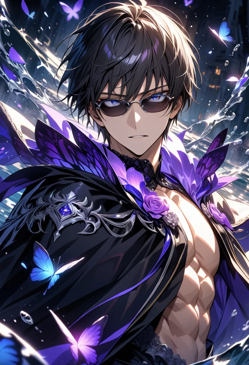 Ultra detailed, HDR, Highres, absurdres, master piece, Nicholas D Wolfwood, black straight hair, expressive silver eyes, black cape with patterns, Trigun, black sunglasses, purple glittering butterflies, purple ice, petals, purple ice roses, sexy man, solo, extremely detailed face and eyes, handsome, glittering, water, white tight shirt, toned chest,