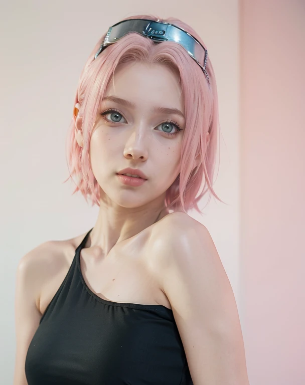 young woman, short shoulder-length pink hair, wide forehead, porcelain skin, pink eyebrows, big emerald green eyes, buttoned nose, full lips, heart-shaped face, slender body, small breasts, red tank top, Sakura Haruno , realistic, realism, details, 3d, well detailed