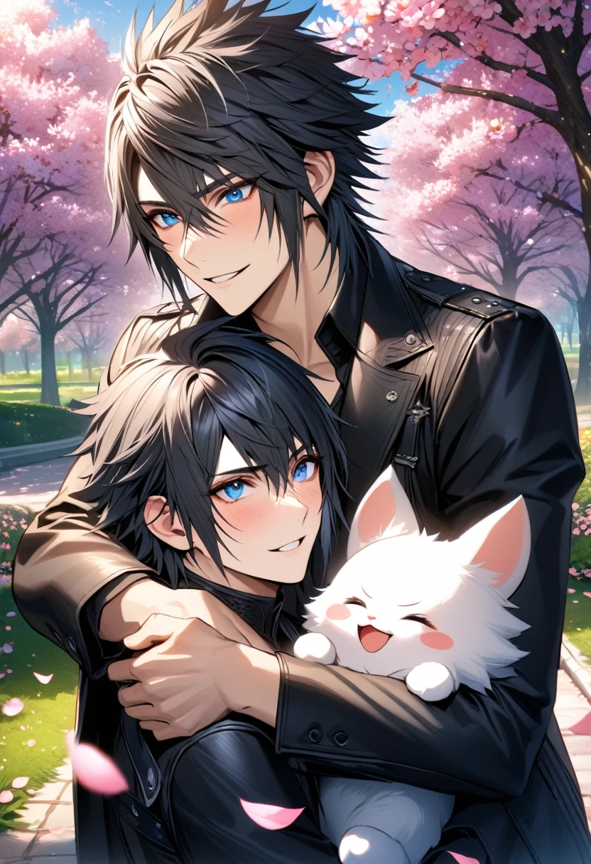 absurdres, highres, ultra detailed, HDR, masterpiece, extremely detailed face and eyes, extremely detailed features, Riku, grey spiky hair, expressive red eyes, final fantasy xv, Noctis Lucis Caelum, black hair, expressive blue eyes, two men together, gay couple, handsome, black jacket, park, blossoms, pink petals, pink flower, happy, holding a cute white fluffy moogle